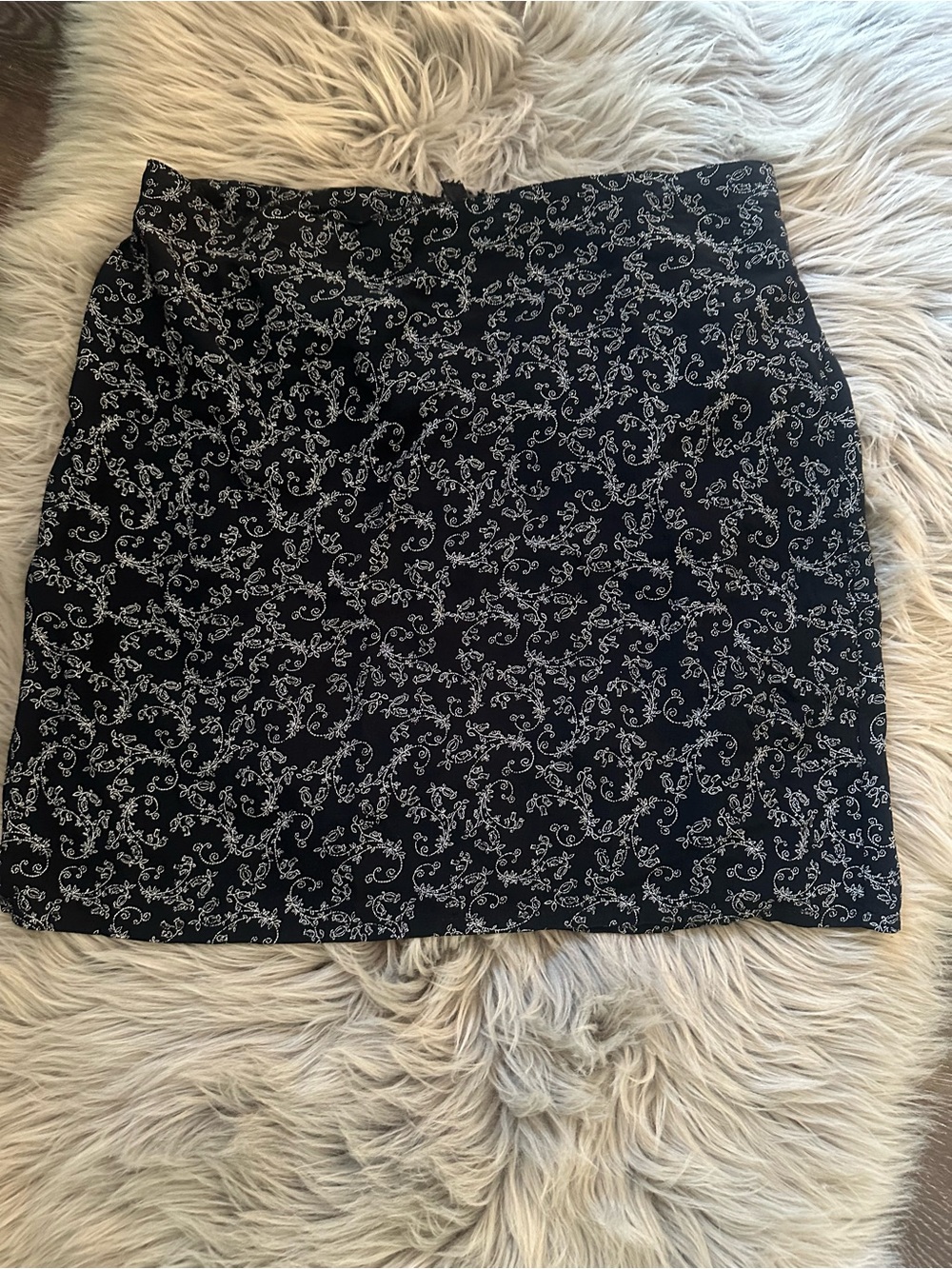 Black Mini Skirt with White Floral Scroll Print